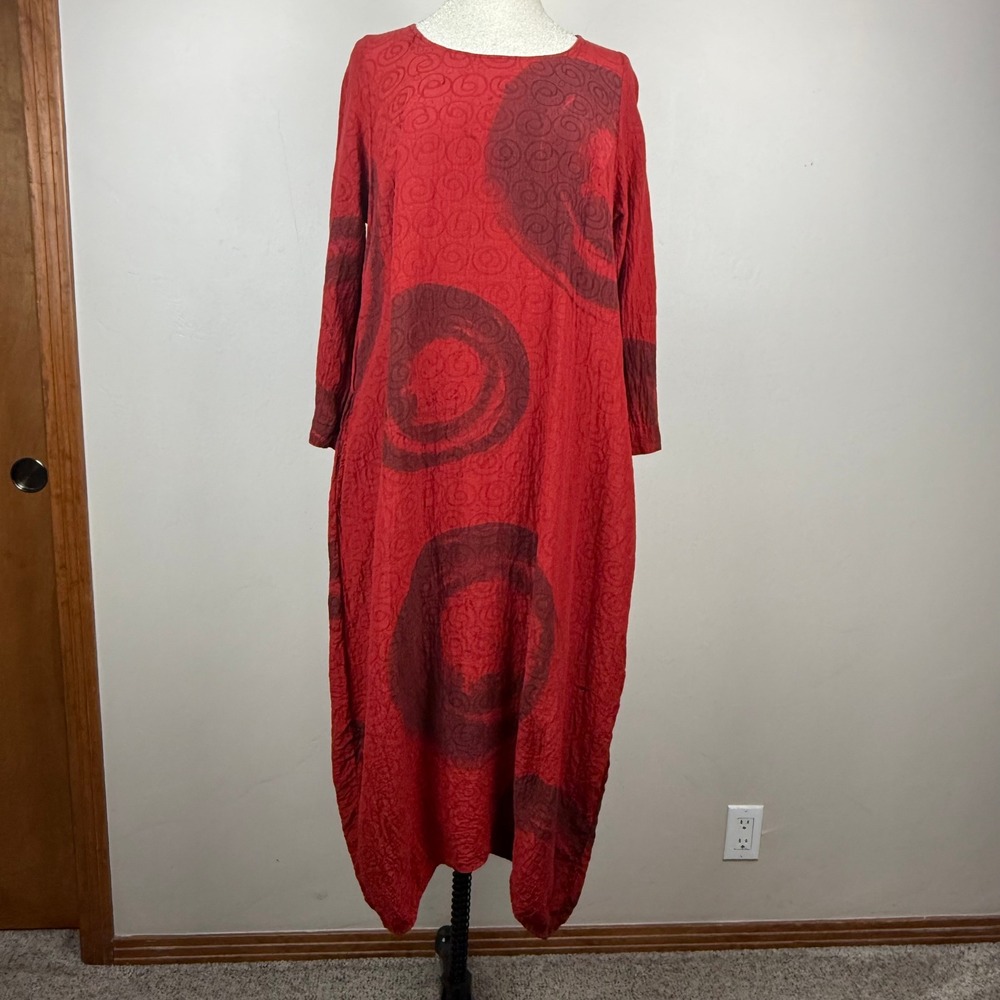 Grizas Bubble Dress Womens M Red Crinkle Lagenlook Art to Wear Boho Statement